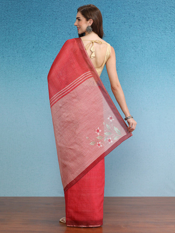 Red Silk Cotton Digital Print Solid Saree with Unstitched Blouse - Hiral Fashion | Grocsy