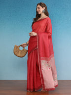 Red Silk Cotton Digital Print Solid Saree with Unstitched Blouse - Hiral Fashion | Grocsy