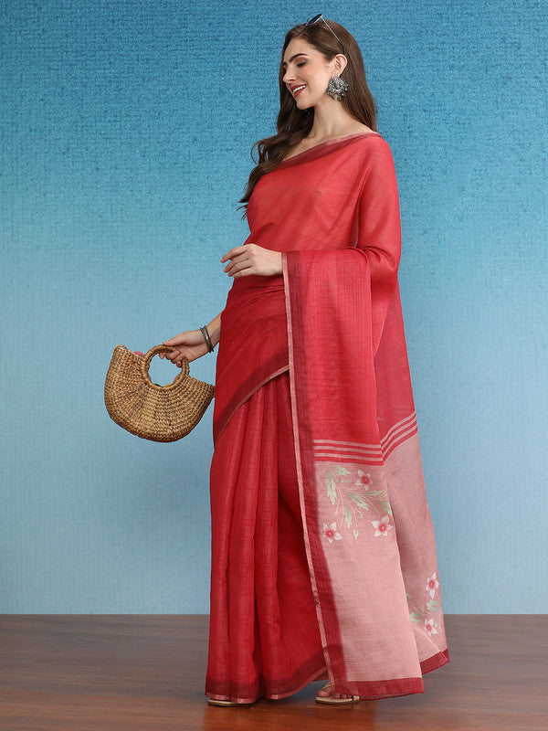 Red Silk Cotton Digital Print Solid Saree with Unstitched Blouse - Hiral Fashion | Grocsy