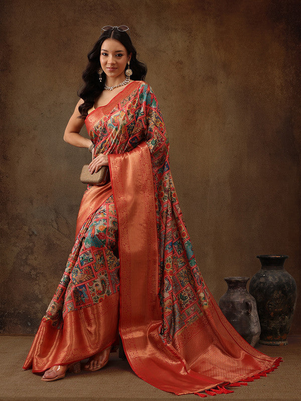 Multicolor Kanjeevaram Silk Digital Print Kalamkari Saree with Unstitched Blouse - Hiral Fashion | Grocsy