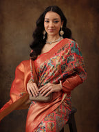 Multicolor Kanjeevaram Silk Digital Print Kalamkari Saree with Unstitched Blouse - Hiral Fashion | Grocsy