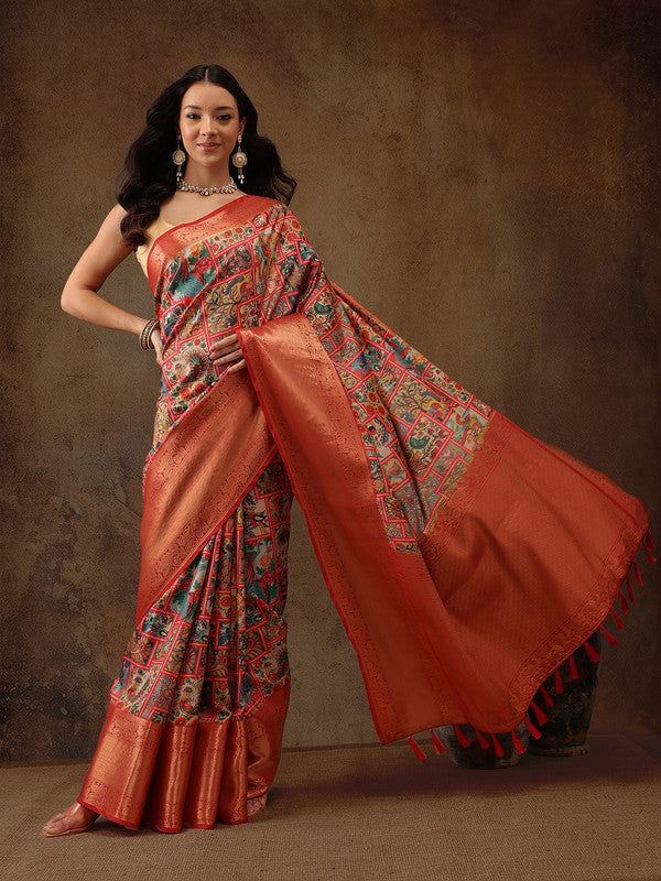 Multicolor Kanjeevaram Silk Digital Print Kalamkari Saree with Unstitched Blouse - Hiral Fashion | Grocsy