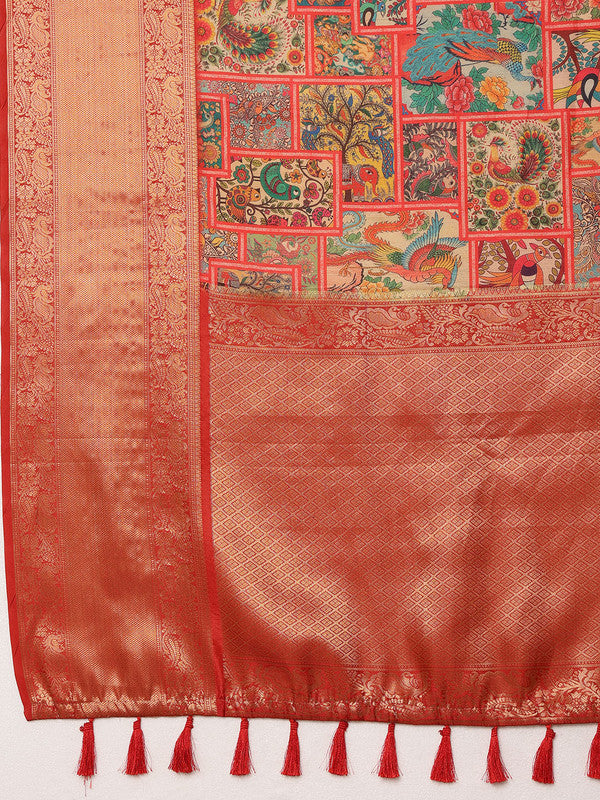 Multicolor Kanjeevaram Silk Digital Print Kalamkari Saree with Unstitched Blouse - Hiral Fashion | Grocsy