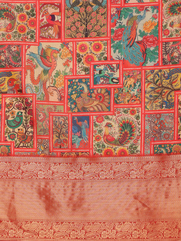 Multicolor Kanjeevaram Silk Digital Print Kalamkari Saree with Unstitched Blouse - Hiral Fashion | Grocsy