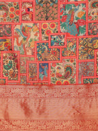 Multicolor Kanjeevaram Silk Digital Print Kalamkari Saree with Unstitched Blouse - Hiral Fashion | Grocsy