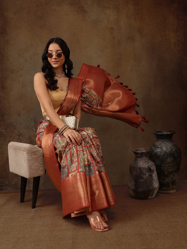 Multicolor Kanjeevaram Silk Digital Print Kalamkari Saree with Unstitched Blouse - Hiral Fashion | Grocsy