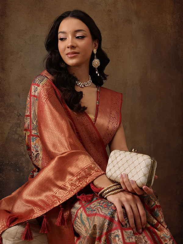 Multicolor Kanjeevaram Silk Digital Print Kalamkari Saree with Unstitched Blouse - Hiral Fashion | Grocsy