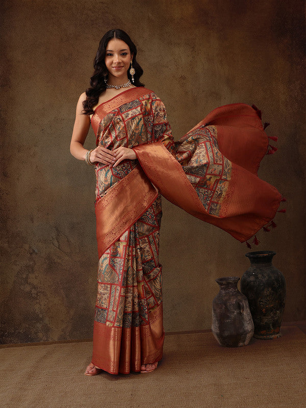 Multicolor Kanjeevaram Silk Digital Print Kalamkari Saree with Unstitched Blouse - Hiral Fashion | Grocsy