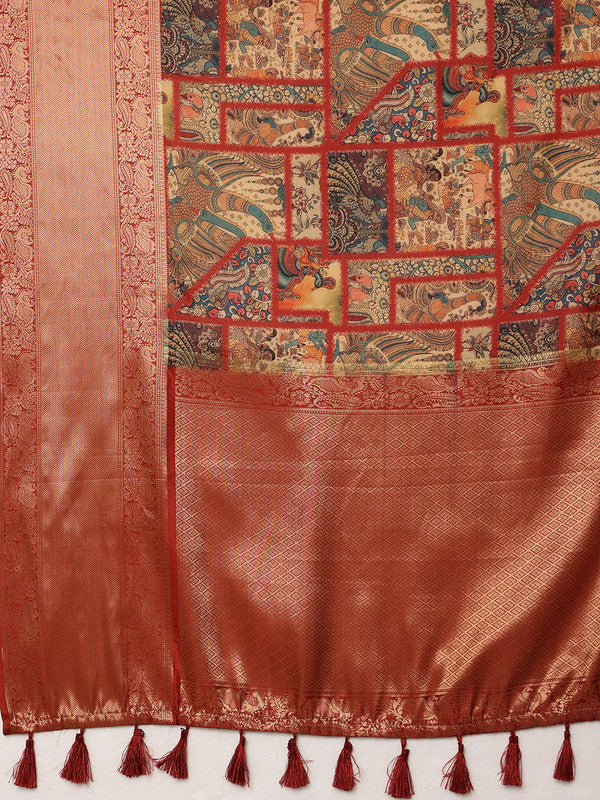 Multicolor Kanjeevaram Silk Digital Print Kalamkari Saree with Unstitched Blouse - Hiral Fashion | Grocsy