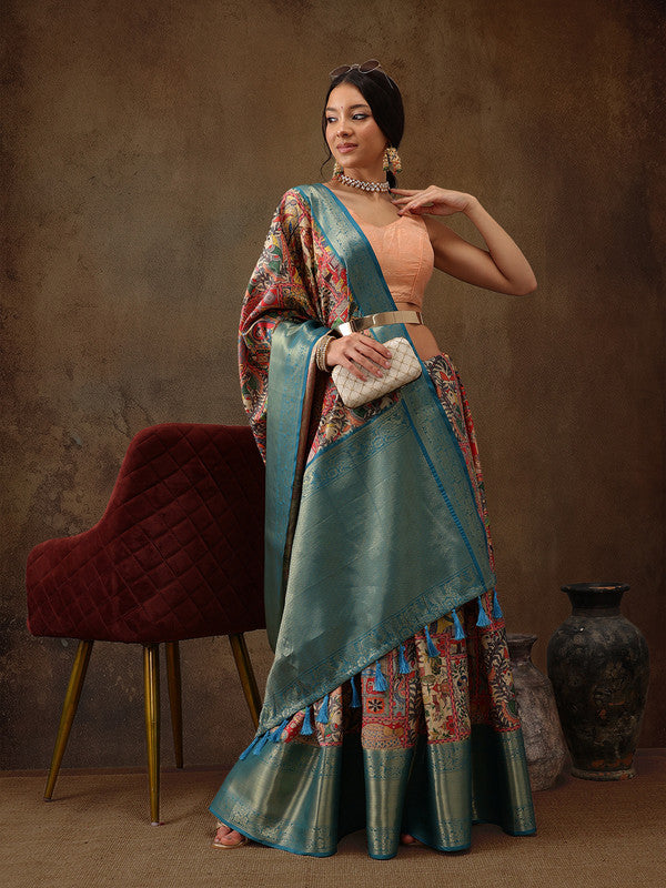Multicolor Kanjeevaram Silk Digital Print Kalamkari Saree with Unstitched Blouse - Hiral Fashion | Grocsy