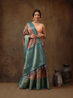 Multicolor Kanjeevaram Silk Digital Print Kalamkari Saree with Unstitched Blouse - Hiral Fashion | Grocsy