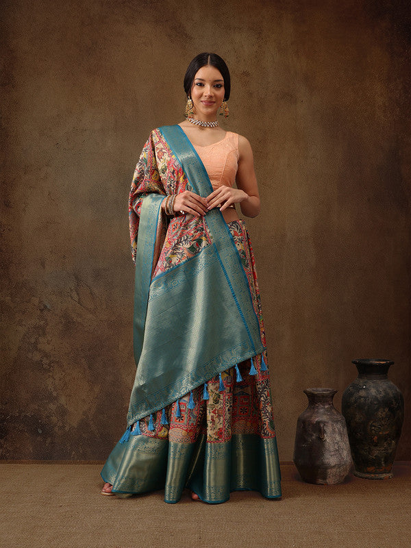 Multicolor Kanjeevaram Silk Digital Print Kalamkari Saree with Unstitched Blouse - Hiral Fashion | Grocsy