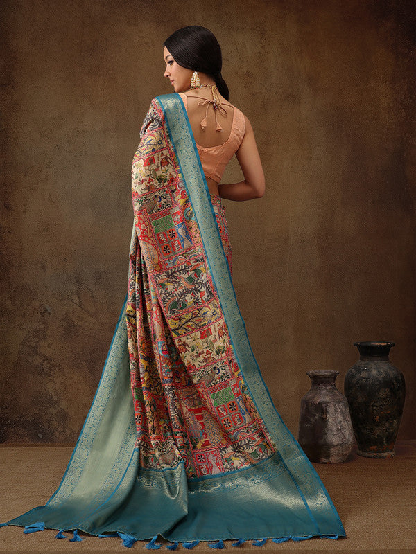 Multicolor Kanjeevaram Silk Digital Print Kalamkari Saree with Unstitched Blouse - Hiral Fashion | Grocsy