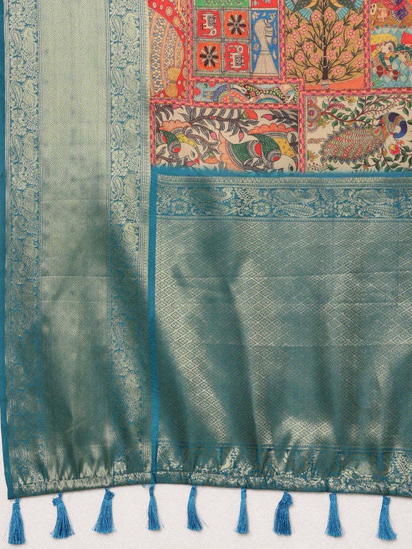 Multicolor Kanjeevaram Silk Digital Print Kalamkari Saree with Unstitched Blouse - Hiral Fashion | Grocsy