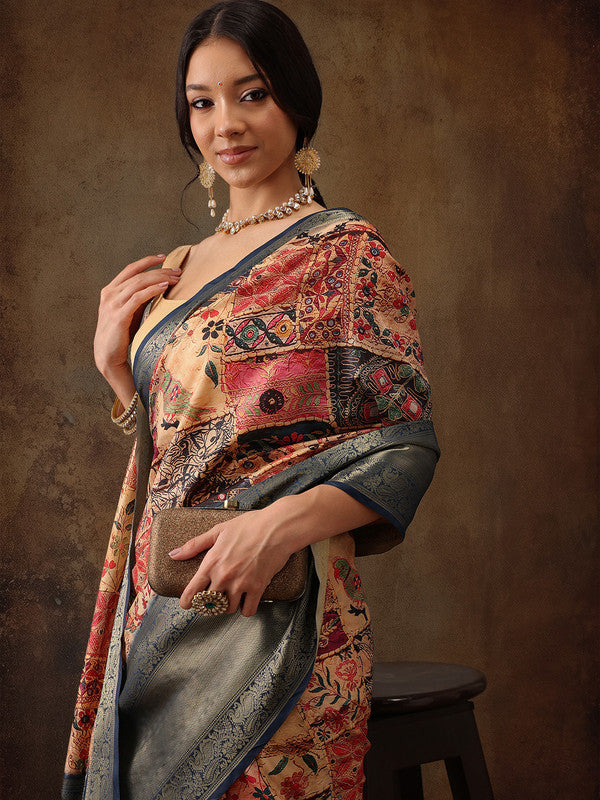 Multicolor Kanjeevaram Silk Digital Print Kalamkari Saree with Unstitched Blouse - Hiral Fashion | Grocsy