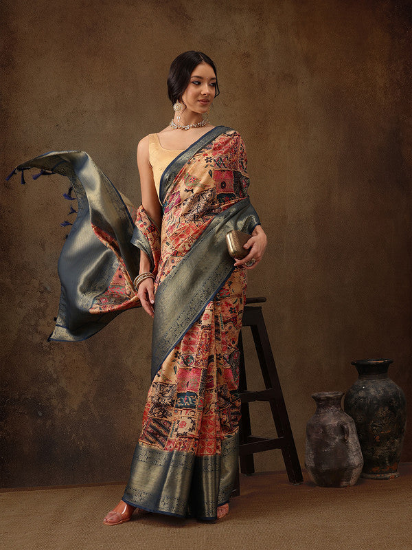 Multicolor Kanjeevaram Silk Digital Print Kalamkari Saree with Unstitched Blouse - Hiral Fashion | Grocsy