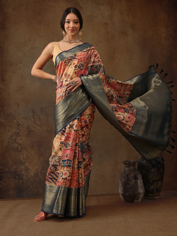 Multicolor Kanjeevaram Silk Digital Print Kalamkari Saree with Unstitched Blouse - Hiral Fashion | Grocsy