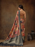 Multicolor Kanjeevaram Silk Digital Print Kalamkari Saree with Unstitched Blouse - Hiral Fashion | Grocsy