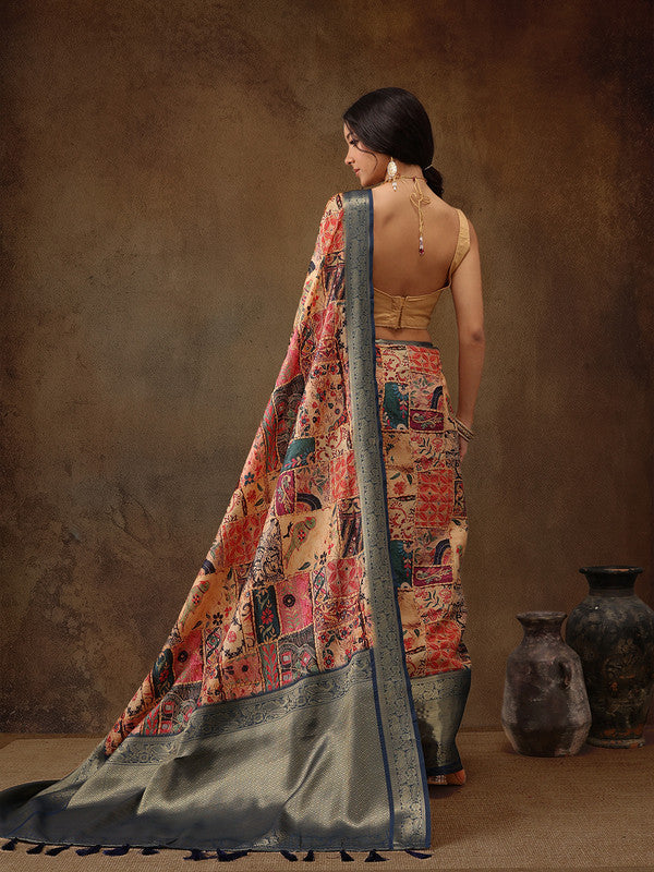 Multicolor Kanjeevaram Silk Digital Print Kalamkari Saree with Unstitched Blouse - Hiral Fashion | Grocsy