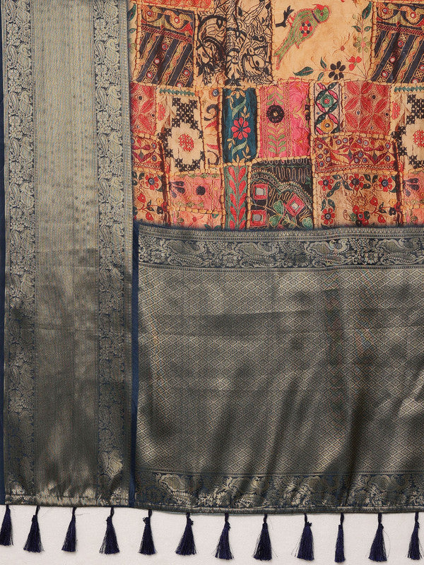 Multicolor Kanjeevaram Silk Digital Print Kalamkari Saree with Unstitched Blouse - Hiral Fashion | Grocsy