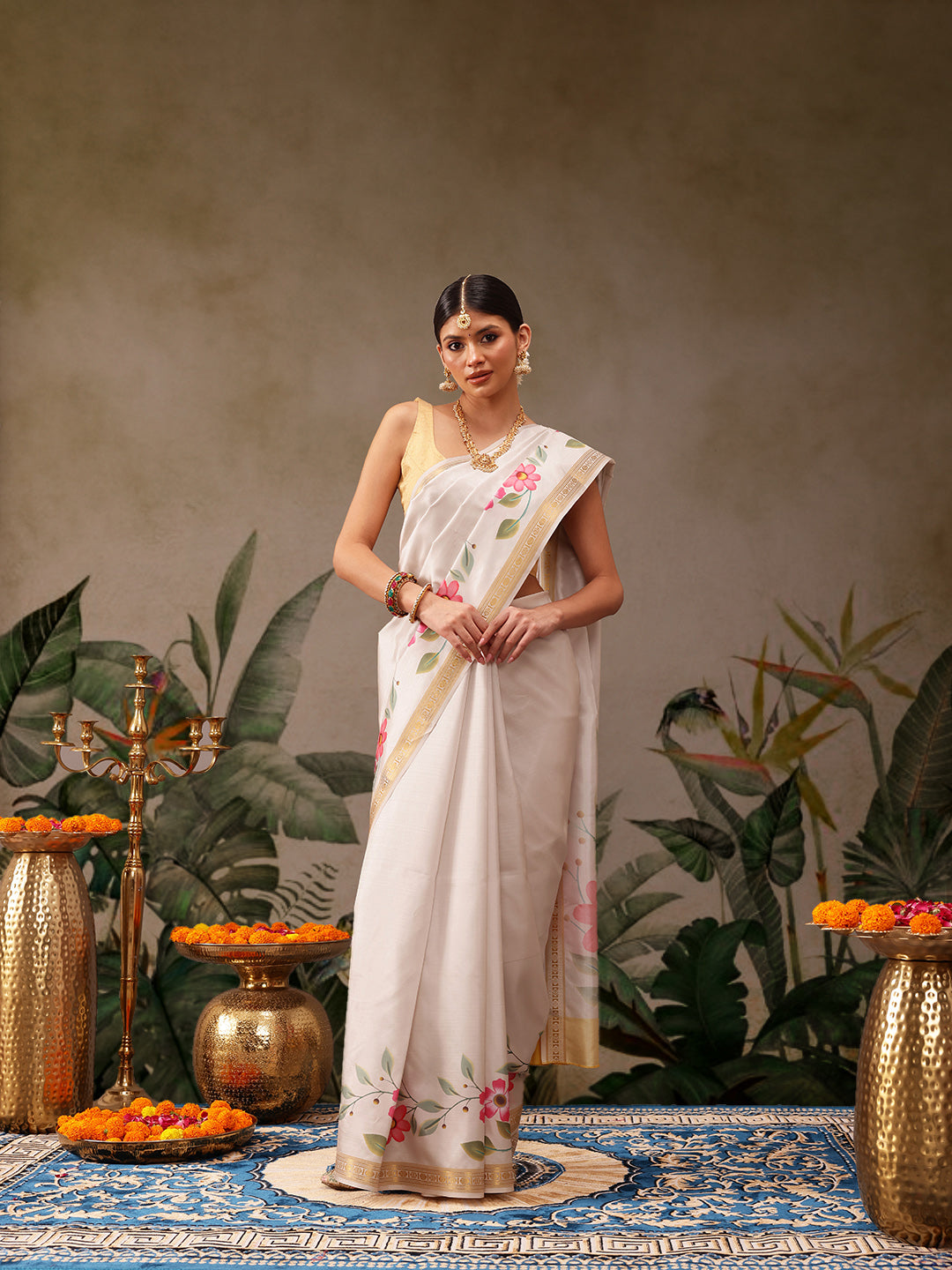Hiral Fashion Off White Onam Art Silk Floral Digital Print Saree | Grocsy