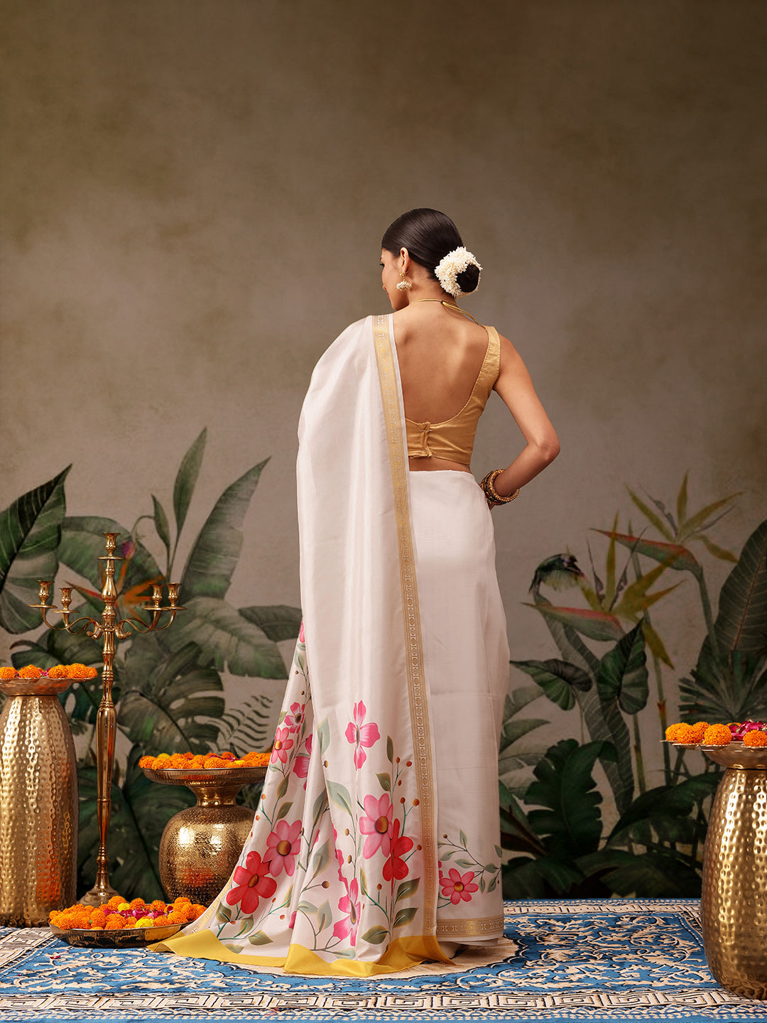 Hiral Fashion Off White Onam Art Silk Floral Digital Print Saree | Grocsy