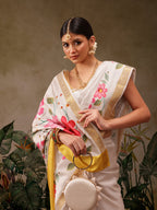 Hiral Fashion Off White Onam Art Silk Floral Digital Print Saree | Grocsy