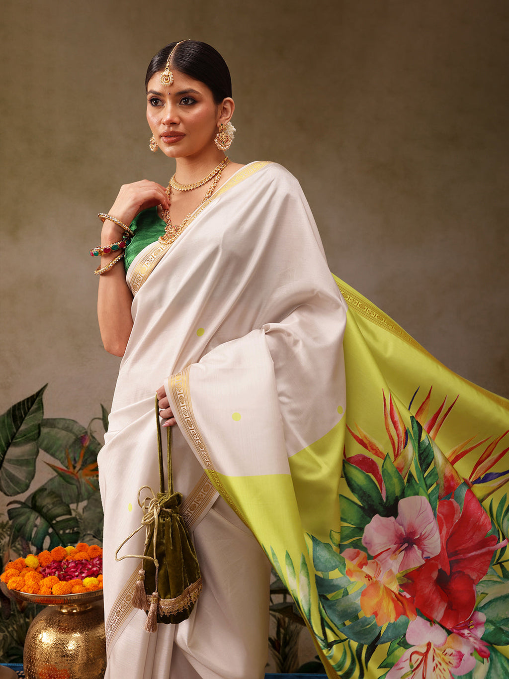 Hiral Fashion White Onam Art Silk Floral Digital Print Saree | Grocsy