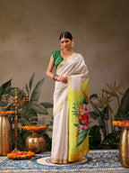 Hiral Fashion White Onam Art Silk Floral Digital Print Saree | Grocsy