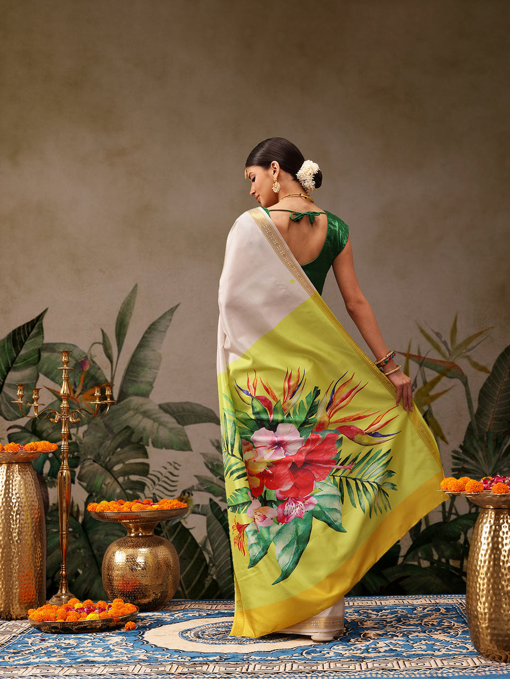 Hiral Fashion White Onam Art Silk Floral Digital Print Saree | Grocsy