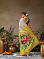 Hiral Fashion White Onam Art Silk Floral Digital Print Saree | Grocsy