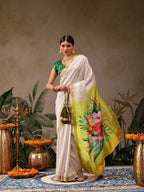 Hiral Fashion White Onam Art Silk Floral Digital Print Saree | Grocsy