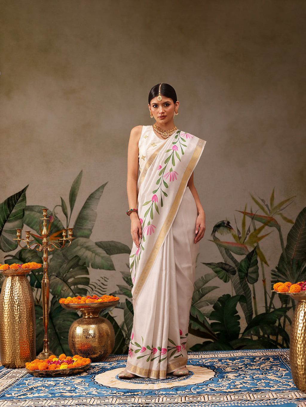 Hiral Fashion Off White Onam Art Silk Floral Digital Print Saree | Grocsy