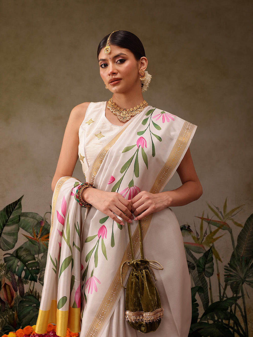 Hiral Fashion Off White Onam Art Silk Floral Digital Print Saree | Grocsy