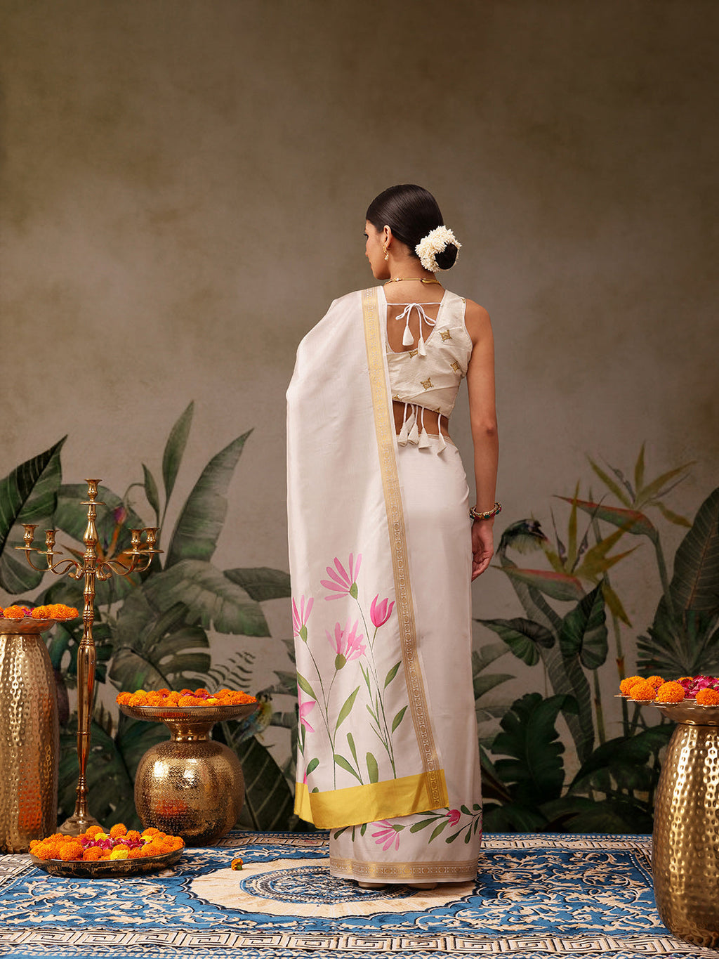 Hiral Fashion Off White Onam Art Silk Floral Digital Print Saree | Grocsy
