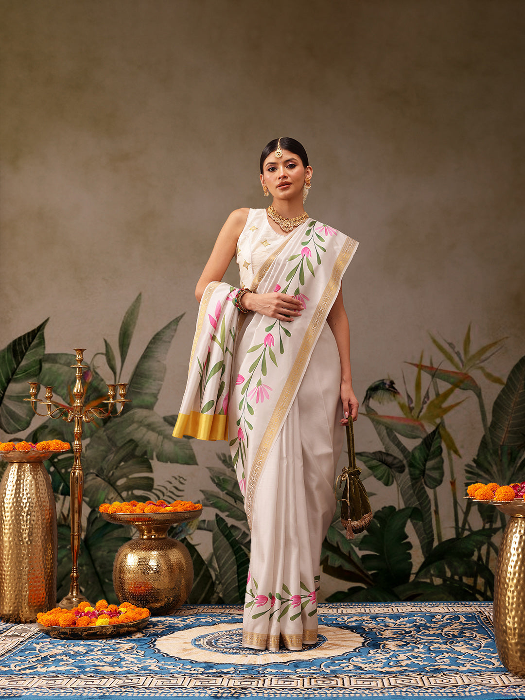 Hiral Fashion Off White Onam Art Silk Floral Digital Print Saree | Grocsy