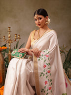 Hiral Fashion White Onam Art Silk Floral Digital Print Saree | Grocsy