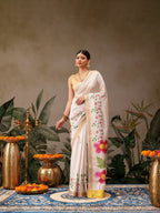 Hiral Fashion White Onam Art Silk Floral Digital Print Saree | Grocsy
