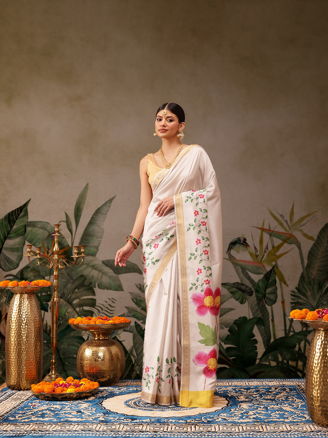 Hiral Fashion White Onam Art Silk Floral Digital Print Saree | Grocsy