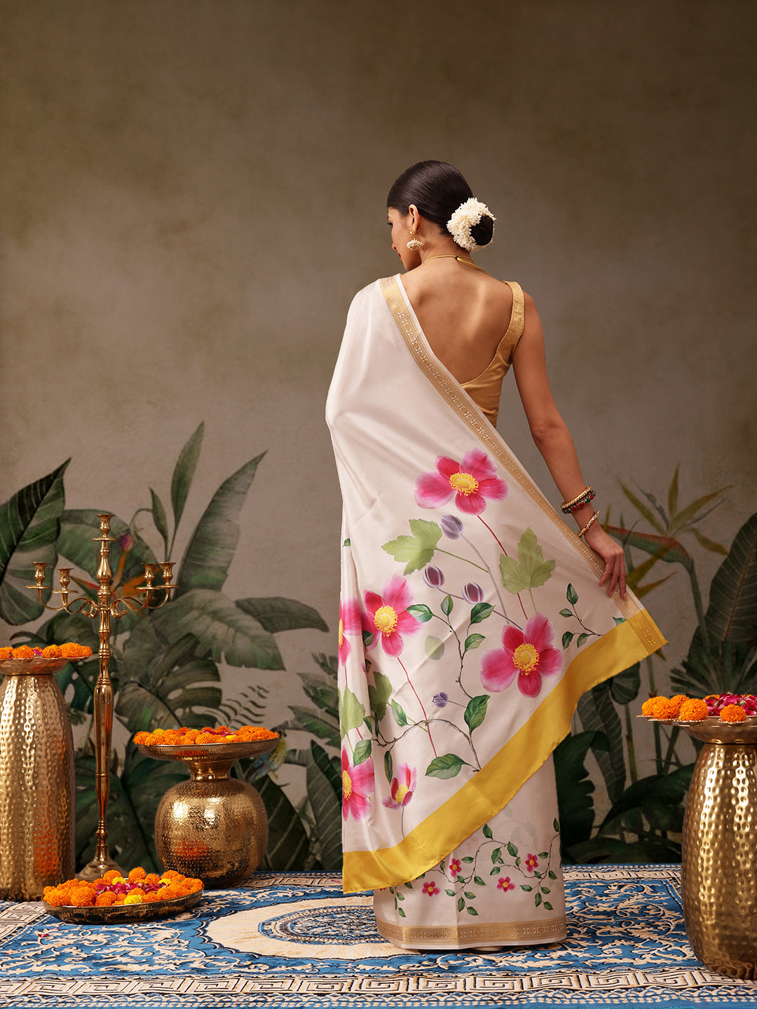 Hiral Fashion White Onam Art Silk Floral Digital Print Saree | Grocsy