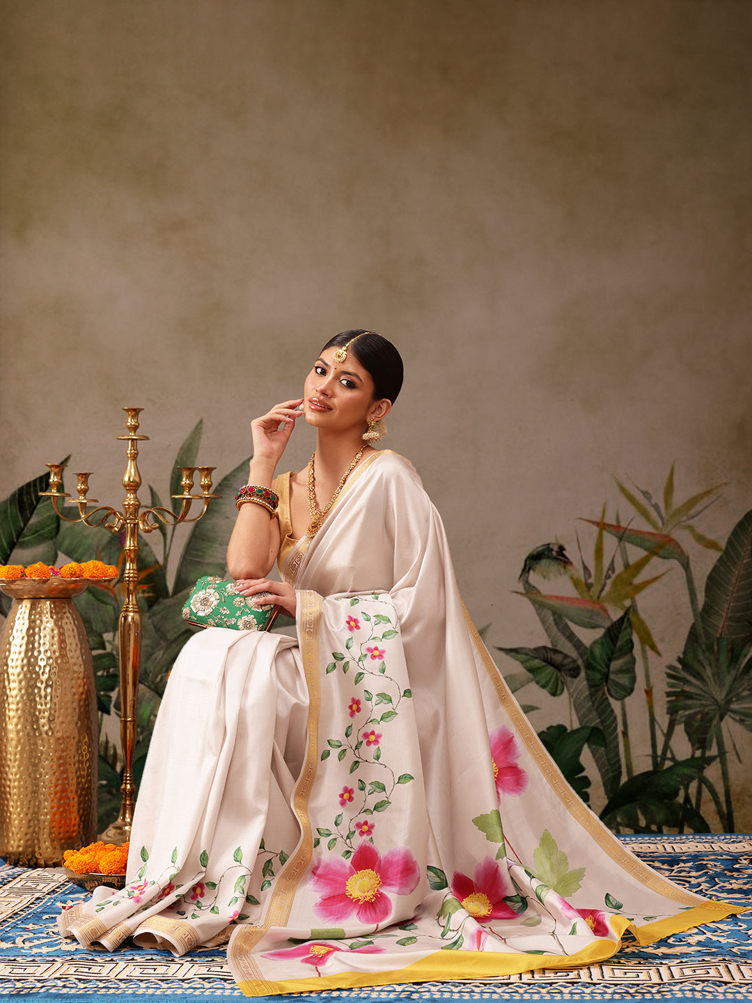 Hiral Fashion White Onam Art Silk Floral Digital Print Saree | Grocsy