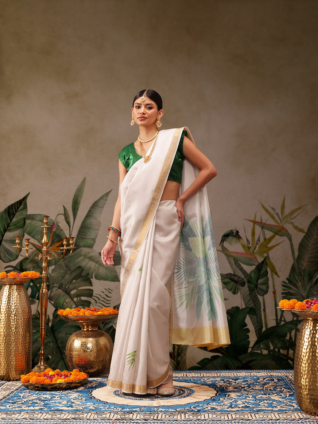 Hiral Fashion Off White Onam Art Silk Floral Digital Print Saree | Grocsy