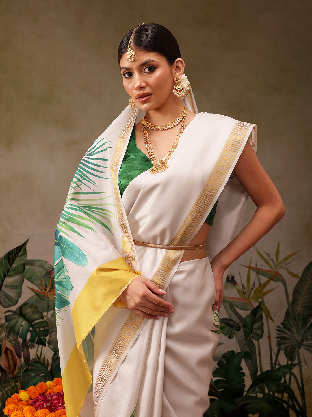 Hiral Fashion Off White Onam Art Silk Floral Digital Print Saree | Grocsy
