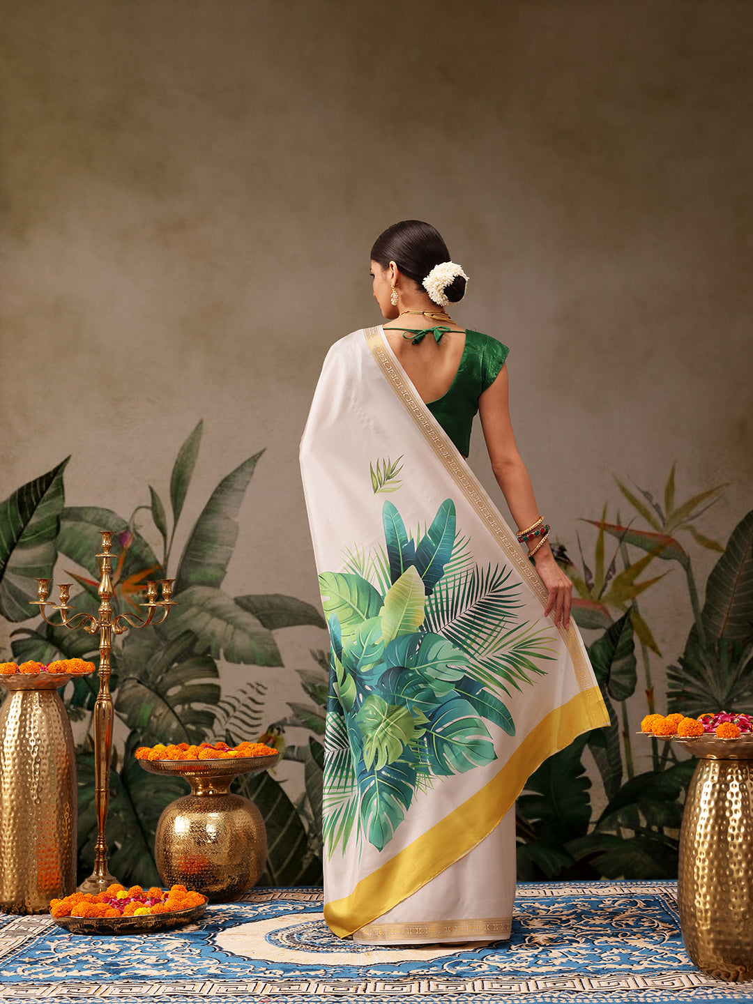 Hiral Fashion Off White Onam Art Silk Floral Digital Print Saree | Grocsy