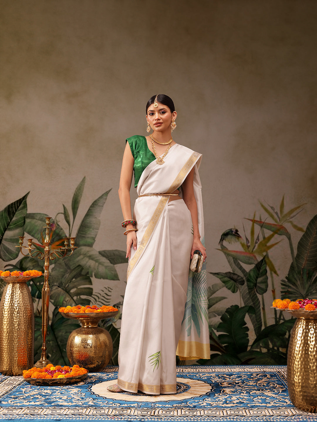 Hiral Fashion Off White Onam Art Silk Floral Digital Print Saree | Grocsy