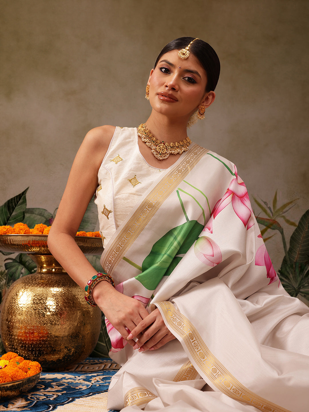 Hiral Fashion White Onam Art Silk Floral Digital Print Saree | Grocsy