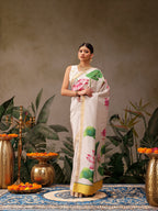 Hiral Fashion White Onam Art Silk Floral Digital Print Saree | Grocsy