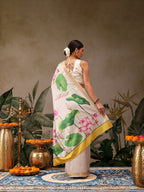 Hiral Fashion White Onam Art Silk Floral Digital Print Saree | Grocsy