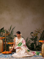 Hiral Fashion White Onam Art Silk Floral Digital Print Saree | Grocsy