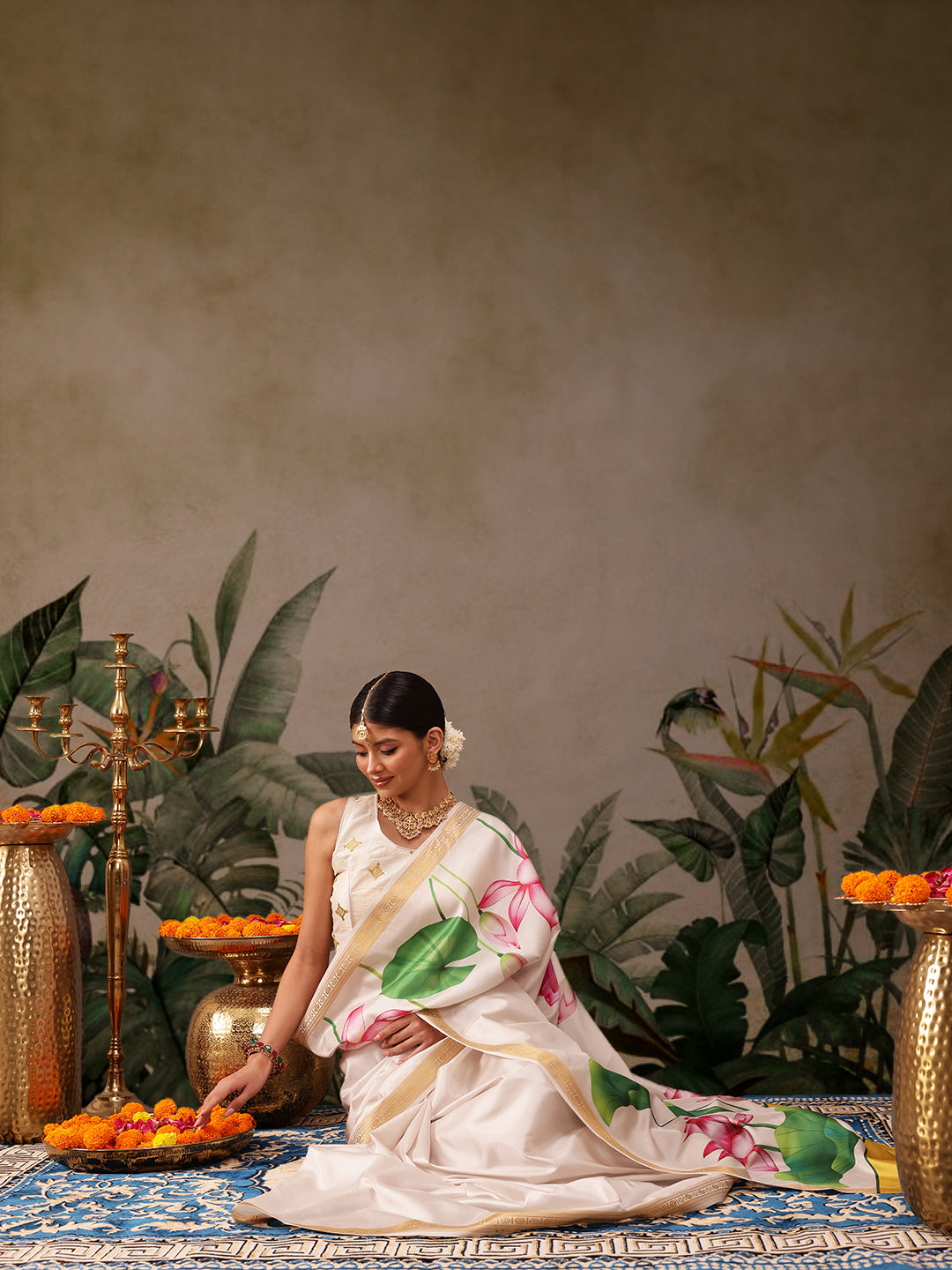 Hiral Fashion White Onam Art Silk Floral Digital Print Saree | Grocsy